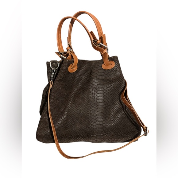 Handbags - Brown genuine leather snake print bag from Florence Italy